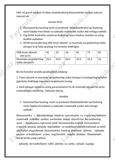 ekonometrika fanidan yakuniy nazorat ishi (variant №22) — DOCX