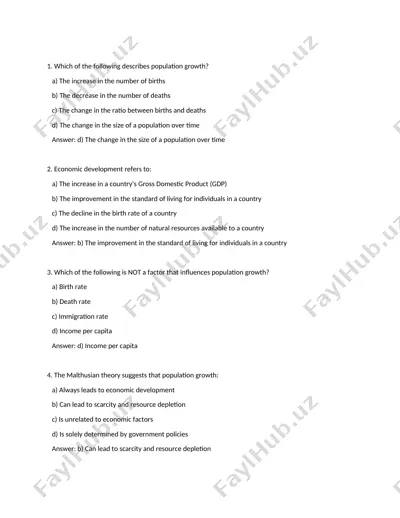 population growth and economic development multiple choice questions — DOCX