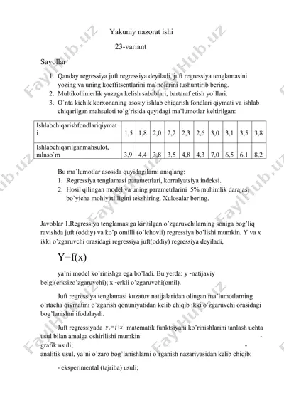 yakuniy nazorat ishi – juft regressiya va multikollinierlik tahlili — DOCX