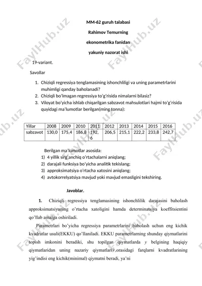 ekonometriya va regressiya tahlili bo‘yicha yakuniy nazorat ishi — DOCX
