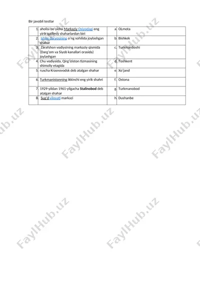 bir javobli testlar — DOCX