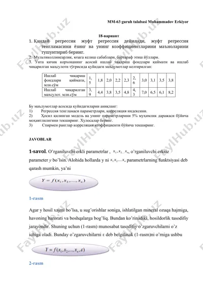 juft regressiya va multikollinearlik tahlili — DOCX