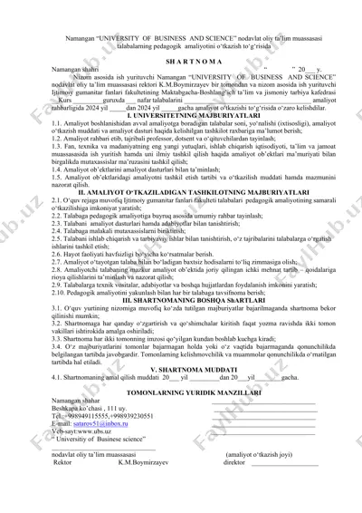 namangan “university of business and science” pedagogik amaliyot shartnomasi — DOCX