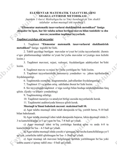 elementar matematik tasavvurlarni shakllantirish metodikasi fanidan mustaqil ish uchun taqdimot — DOCX