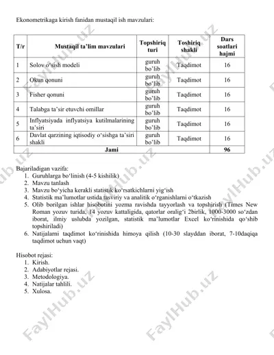 ekonometrikaga kirish fanidan mustaqil ish — DOCX