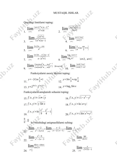 mustaqil ishlar — limitlar, funksiyalar va hosilalar — DOCX