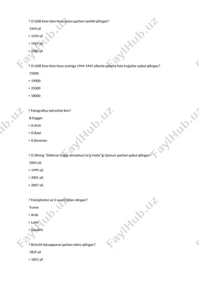 fotografiya tarixi va asoslari bo‘yicha test savollari — DOCX