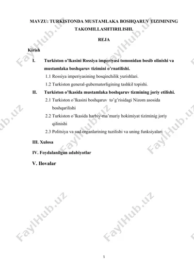 turkistonda mustamlaka boshqaruv tizimining takomillashtirilishi (kurs ishi) — DOCX