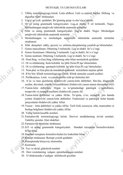 mustaqil ta’lim mavzulari: tibbiy terminologiya va farmatsevtika asoslari — DOCX