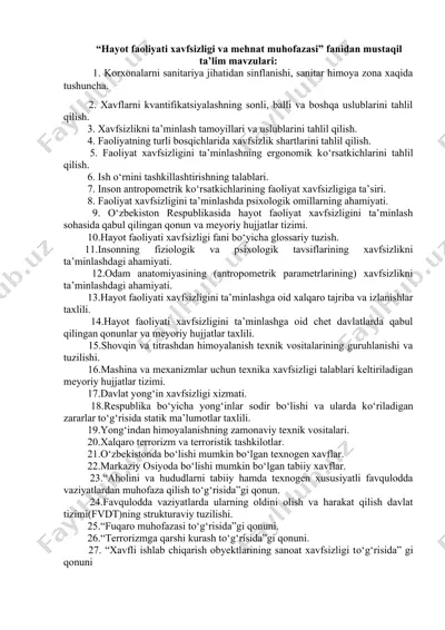 hayot faoliyati xavfsizligi va mehnat muhofazasi fanidan mustaqil ta’lim mavzulari — DOCX