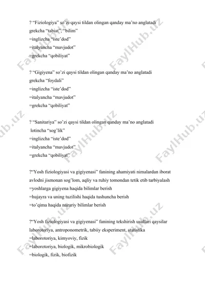 yosh fiziologiyasi va gigiyenasi faniga oid taqdimot — DOCX