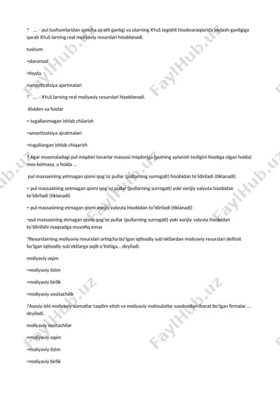 moliyaviy tushunchalar va bozorlar to‘g‘risida test savollari to‘plami — DOCX