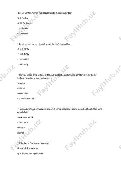 psixologiya faniga oid savol-javoblar to‘plami — DOCX