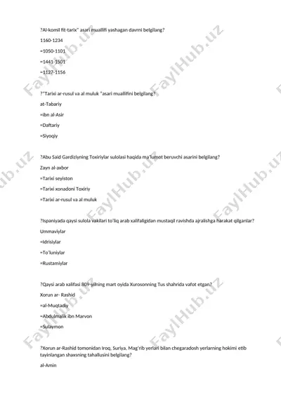 tarix faniga oid test savollari to‘plami — DOCX