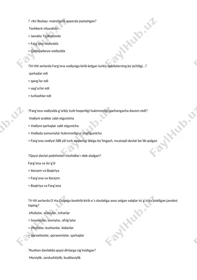 tarix faniga oid test savollari to‘plami — DOCX