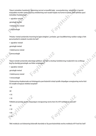 biologiya fanidan test savollar to‘plami — DOCX
