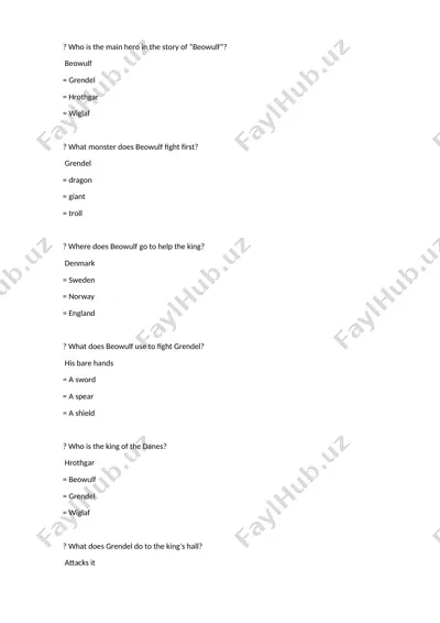 beowulf haqida savollar va javoblar — DOCX