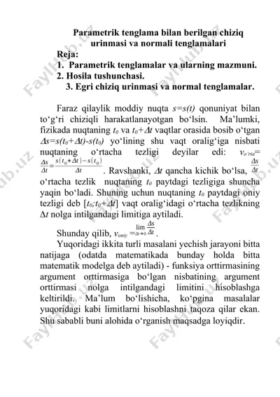 parametrik tenglama bilan berilgan chiziq urinmasi va normali tenglamalari — DOCX