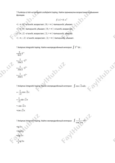 funksiya o‘sish va kamayish oraliqlarini topish va integral hisoblash bo‘yicha matematik masalalar to‘plami — DOCX