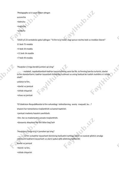 pedagogika so‘zi va ta’lim sohasidagi asosiy tushunchalar bo‘yicha test savollari to‘plami — DOCX