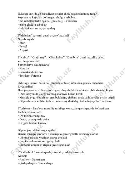 musiqa darsi bo'yicha didaktik materiallar to'plami — DOCX