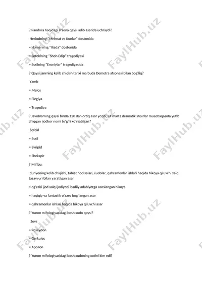 qadim yunon mifologiyasi va adabiyoti haqidagi test savollari — DOCX