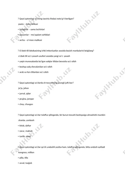 o‘zbek tili leksikasi va talaffuzi bo‘yicha test savollari to‘plami — DOCX
