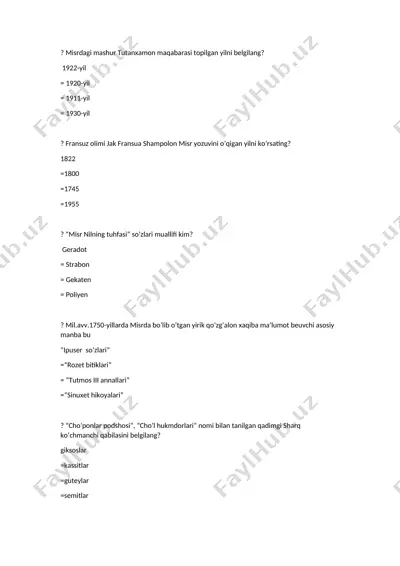 tarix fanidan test savollari toʻplami — DOCX