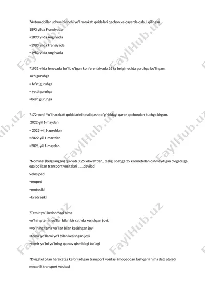 yo‘l harakati qoidalari haqida test savollari to‘plami — DOCX