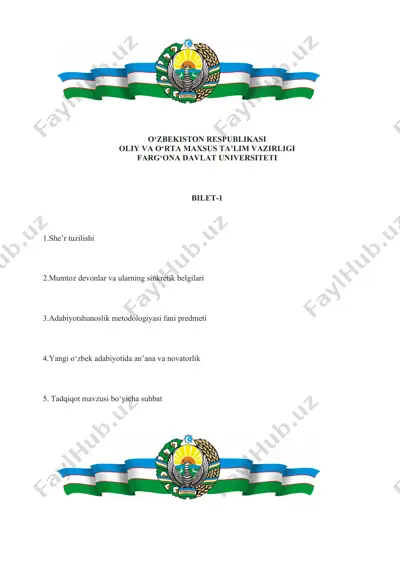 adabiyotshunoslik metodologiyasi faniga oid test savollari (biletlar) — DOCX