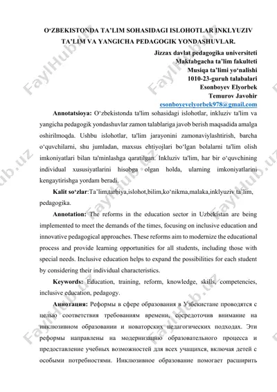 o‘zbekistonda ta’lim sohasidagi islohotlar, inklyuziv ta’lim va yangicha pedagogik yondashuvlar — DOCX