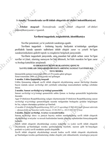 texnosferada xavfli ishlab chiqarish ob’ektlari identifikatsiyasi — DOCX