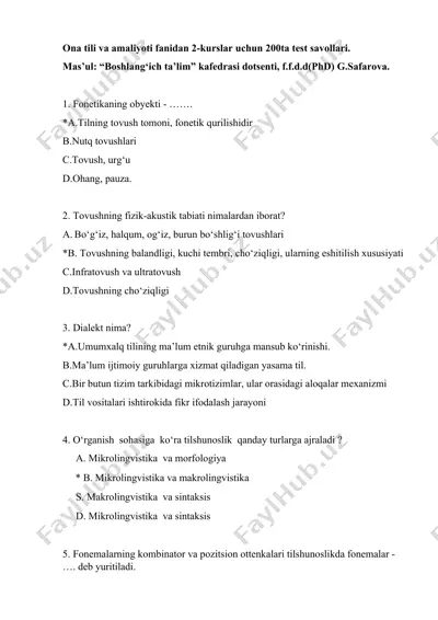 ona tili va amaliyoti fanidan 2-kurslar uchun 200ta test savollari — DOCX