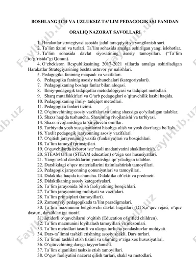 boshlang‘ich va uzluksiz ta’lim pedagogikasi fanidan nazorat savollari — DOCX