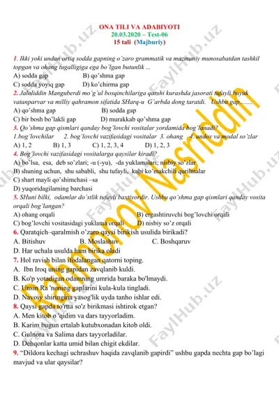 ona tili va adabiyoti testlari to‘plami — DOCX