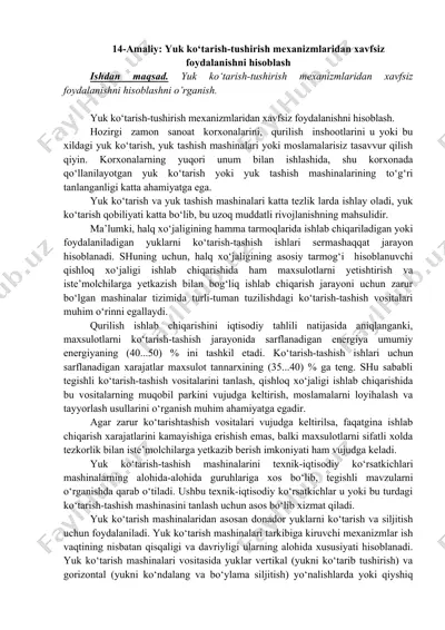 yuk ko‘tarish-tushirish mexanizmlaridan xavfsiz foydalanishni hisoblash — DOCX