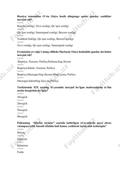 markaziy osiyo tarixi va madaniyati haqida savol-javoblar to'plami — DOCX