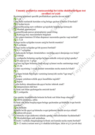 umumiy pediatriya mutaxassisligi bo‘yicha test savollari — DOCX
