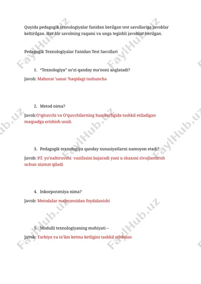 pedagogik texnologiyalar fanidan test savollari va javoblari — DOCX