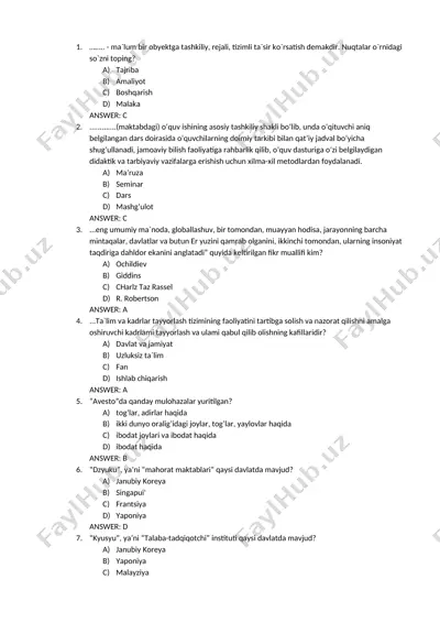 pedagogika va tarihiy bilimlar test to‘plami — DOCX
