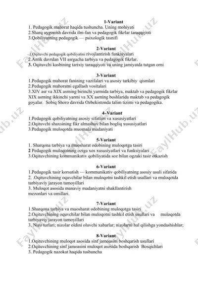 pedagogik mahorat va pedagogik qobiliyat haqida variantlar to‘plami — DOCX