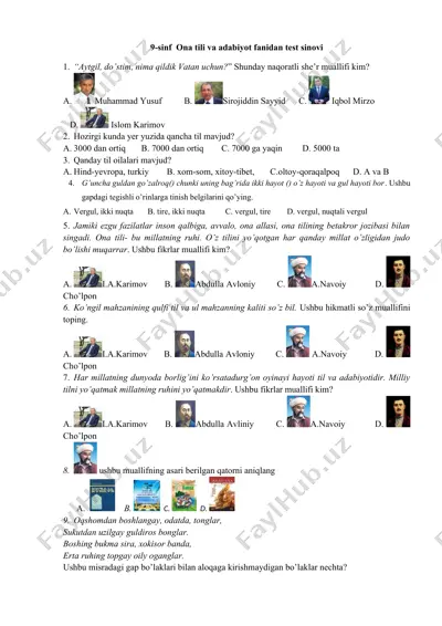 9-sinf ona tili va adabiyot fanidan test sinovi — DOCX