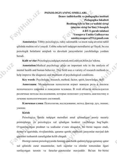 psixologiyaning omillari va tibbiy psixologiya tadqiqot metodlari — DOCX