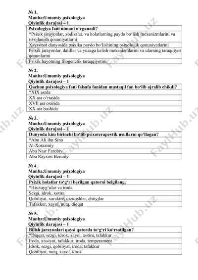 umumiy psixologiya savollari to‘plami — DOCX