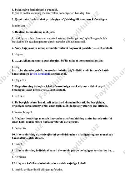 psixologiya fani bo‘yicha savol-javoblar to‘plami — DOCX