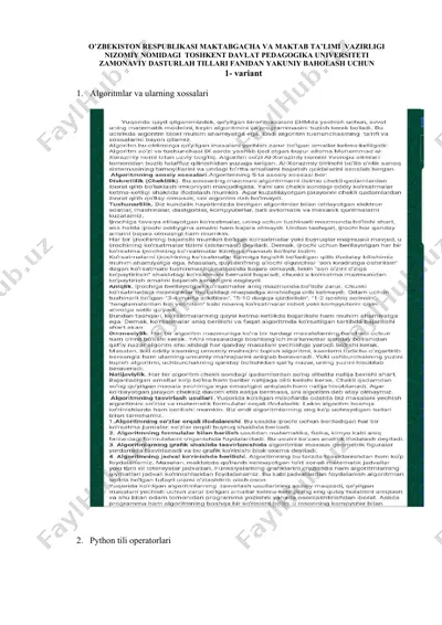 zamonaviy dasturlash tillari fanidan yakuniy baholash uchun variantlar to‘plami — DOCX