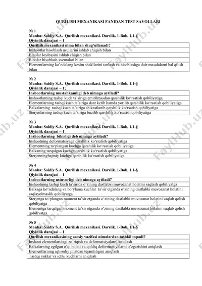 qurilish mexanikasi fanidan test savollari — DOCX