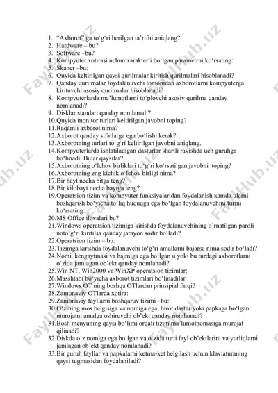 kompyuter va axborot texnologiyalari bo‘yicha savollar to‘plami — DOCX