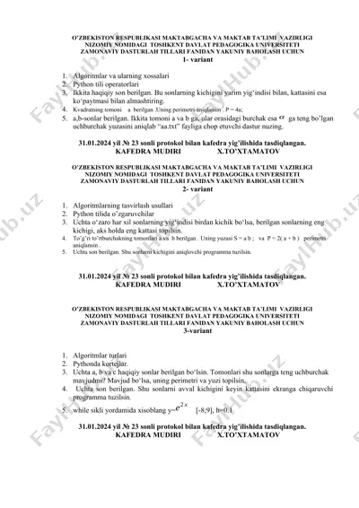 zamonaviy dasturlash tillari fanidan yakuniy baholash uchun variantlar — DOCX