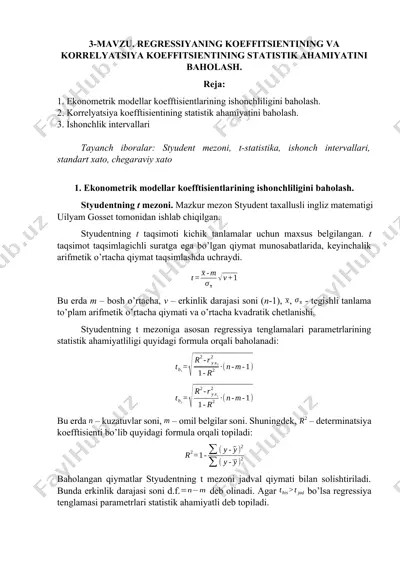 regressiyaning koeffitsientining va korrelyatsiya koeffitsientining statistik ahamiyatini baholash — DOCX